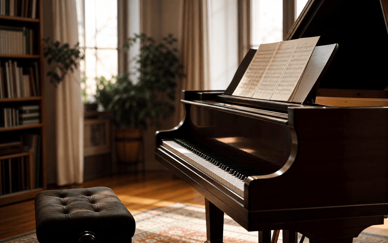 Warm piano studio with a grand piano and sheet music